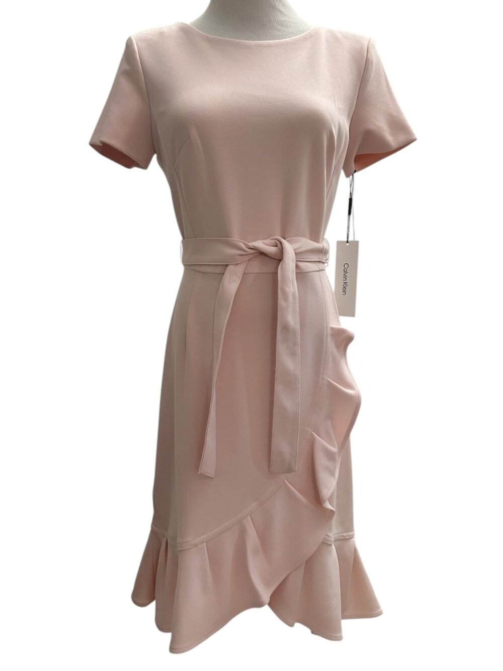 Calvin Klein Ladies Dress Size 2 Dress Short Sleeve Ruffled Hem Belted Petal NWT